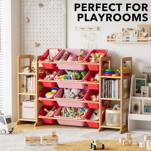 SpaceAid Toy Storage Organizer with 6 Shelves and 12 Bins, Toy Organizers Storage Bookshelf, Kids Bin Shelf Toys Box Bookcase for Bedroom Playroom Organization Room Decor, Red and Pink