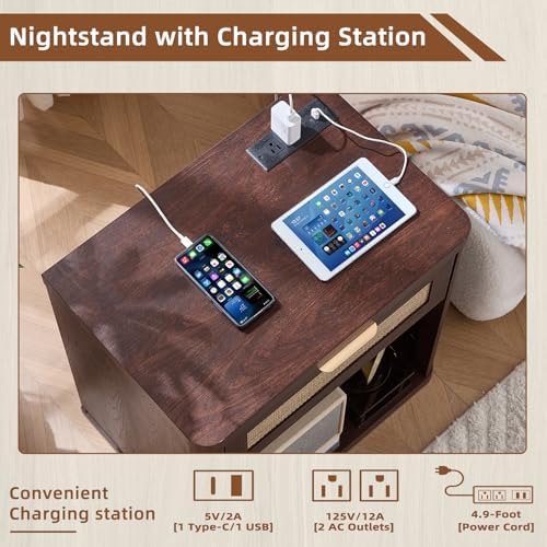 LEYAOYAO Rattan 23" Nightstands Set of 2 with Charger for Bedroom