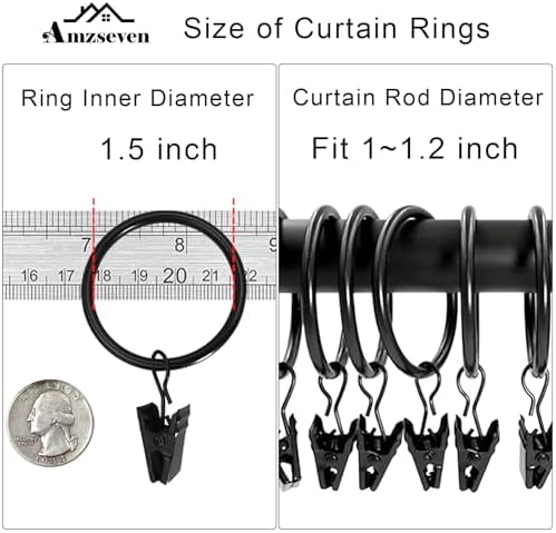 100 Pack Metal Curtain Rings with Clips, 1.5 in ID, Black