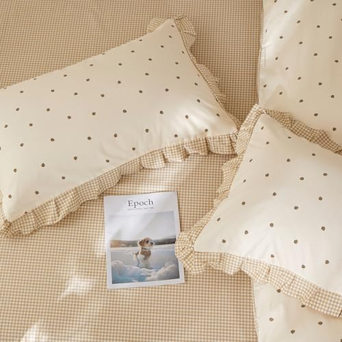 Ruffle Strawberry Duvet Cover Set King Size, 100% Cotton Romantic Ruffle Lace Bedding Set with Cute Aesthetic Strawberry Print, Cottagecore Duvet Cover Reversible Tan Gingham Comforter Cover King