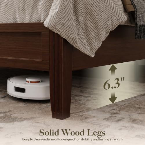 Queen Size Bed Frame with 50.2" Tall Upholstered Headboard, Walnut