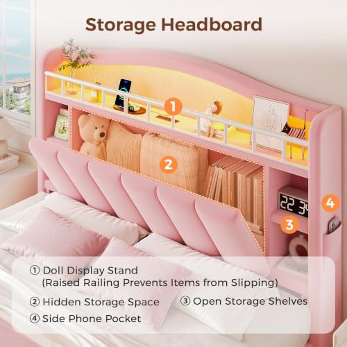 Kids LED Bed Frame with Storage Headboard & 2 Storage Drawers (Full&Pink)