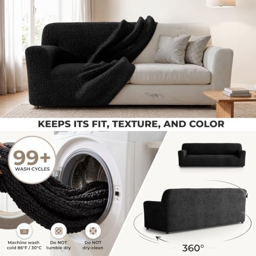 PAULATO Premium Stretch Couch Covers for Sofa - Sofa Chair Cover Washable, Dogs & Pets Friendly - Elastic Polyester Loveseat Slipcovers - Non-Slip Love Seat Couch Covers - Black (86"-120" Wide)