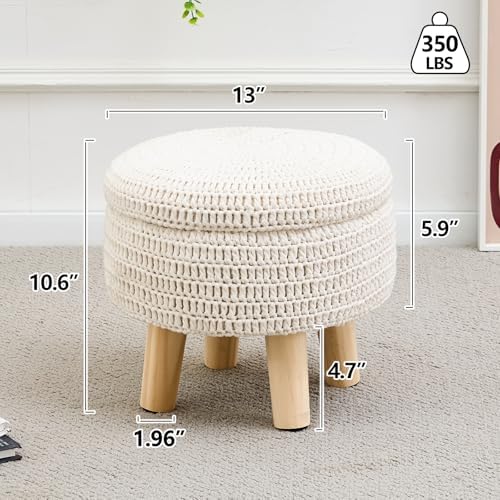 13" Round Handmade Cotton Knitted Boho Small Storage Ottoman with Wood Legs