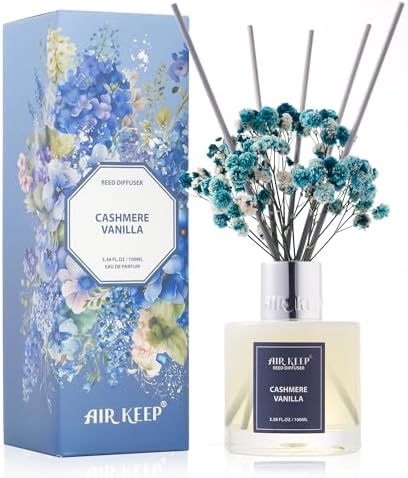 Airkeep Reed Diffuser Set,3.38 fl oz (100 ml) - Cashmere Vanilla Oil Diffusers with 8 Reed Sticks, Home Fragrance Reed Diffuser for Bathroom Shelf Decor