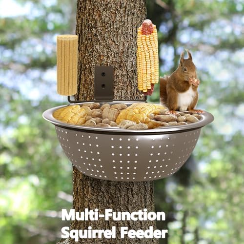 8.5" Squirrel and Bird Feeder Combo for Outside Tree/Fence, Removable Metal Bowl Feeder with Drainage Holes, Adding 1 for Squirrel Watering or Bird Bath/Swim, Sturdy Easy Clean Feeders for Outdoor