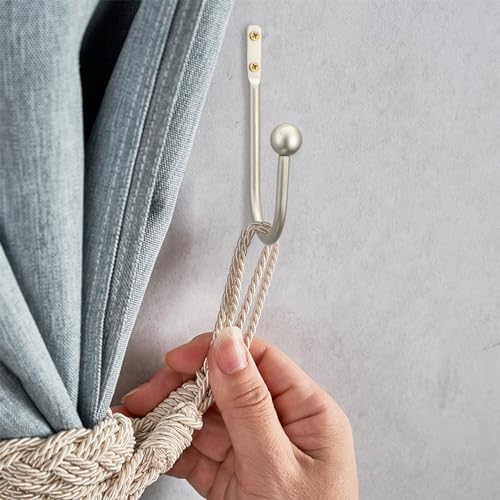 Curtain Holdback, 2 Pcs Wall Mounted Drapery Tiebacks with Screws, Heavy Duty Metal Decorative Window Drapery Holder Curtain Hook (Silver)