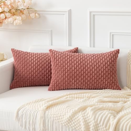 Kevin Textile Soft Corduroy 12"x20" Lumbar Pillow Covers 2 Pack, Blush Pink