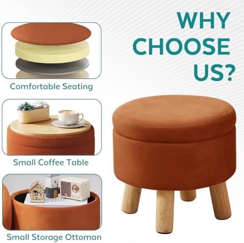 Small Foot Stool Ottoman with Storage, Velvet Ottoman Foot Rest for Couch, Round Footstool with Storage, Small Ottomans and Footstools for Living Room and Entryway (Orange)