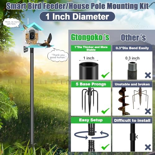 Gtongoko Smart Bird Feeder Pole 1-Inch Dia 63 Inch Bluebird House Pole for Outdoors Weather Station Heavy Duty Metal Mounting Kit Adjustable Bird Feeder Stand Black