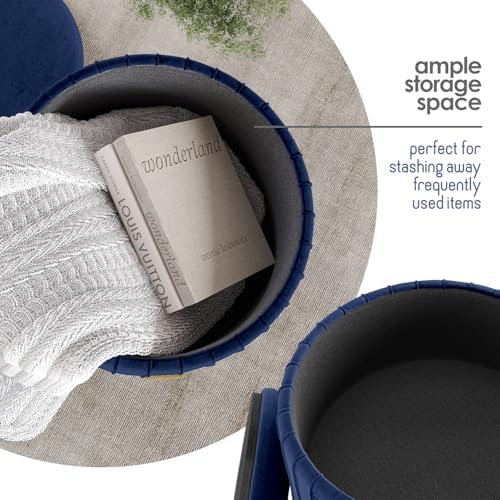 Round Ottoman with Storage, Pleated Velvet Storage Ottoman, Foot Stool Ottomans, Makeup Vanity Stool, Small Ottomans Foot Rest, Modern Vanity Stools for Living Room and Bedroom, Blue