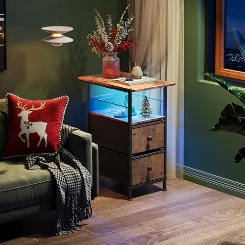 WLIVE Nightstand Set of 2 with Charging Station, End Table Sets with LED Lights, 2 Fabric Drawers and Open Shelf, Bed Side Tables Living Room, Small Space, Night Stand for Bedroom, Rustic Brown