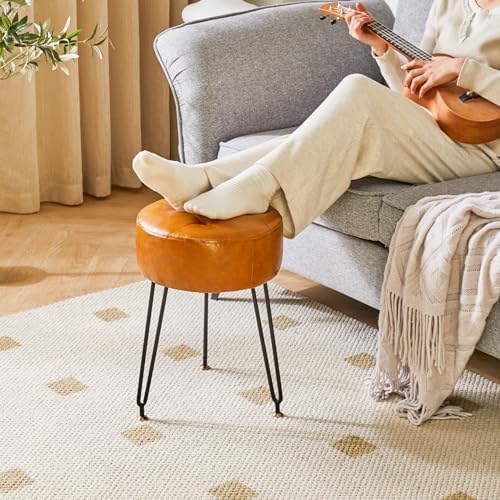 IBUYKE Makeup Vanity Stool, Faux Leather Round Chair, Light Brown LG-31J