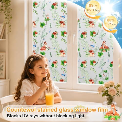 Countewol Privacy Window Films Stain Glass Cling No Glue Anti-UV Window Sticker for Bathroom Bedroom Living Room(Forest Textured 70.86" L*36.2" W)