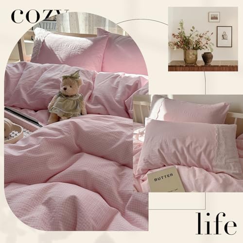 mixinni Pink Gingham Duvet Cover Queen Size - 3 Piece Cottagecore Plaid Bedding Set with Lace Trim, Soft Washed Microfiber Vintage Aesthetic Grid Comforter Cover & Pillow Shams, (Pink White Gingham)