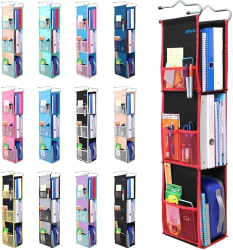 ABRA® 3 Shelf Hanging Locker Organizer for School, Gym, Work, Storage | Deep Shelves 6.5”x 9”| Eco-Friendly Fabric Healthy for Children | Adjustable School Locker Shelf from 3 to 2 Shelves (Black/Red)