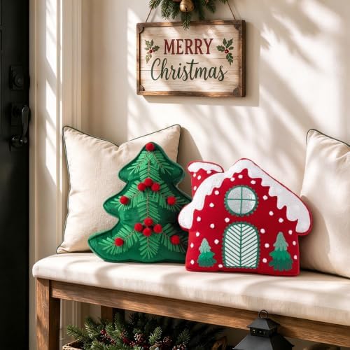 AELS Christmas House & Tree Pillow with Pom-pom, Holiday Throw Pillows
