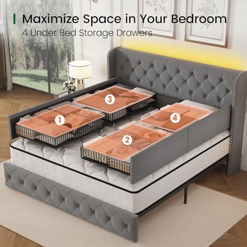 LARMACE King Size Bed Frame with LED Lights and 4 Storage Drawers Linen Upholstered Platform Bed Frame with 47.2" Tall Tufted Headboard Wingback, No Box Spring Needed, Easy to Assemble, Grey