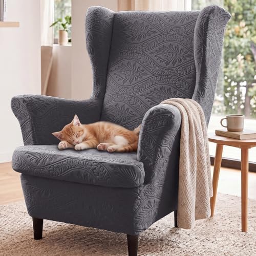 HAOYONG 2 Piece Wingback Chair Covers Stretch Wing Chair Slipcover Jacquard Wing Back Chair Covers with Arms Washable Armchair Cover Protection Furniture for Living Room and Bedroom (Dark Gray)