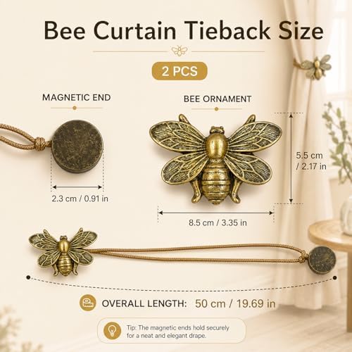 Magnetic Curtain Tiebacks Set of 4, Antique Bronze Flying Bee Design