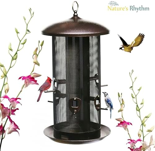 Nature's Rhythm Metal Hopper Bird Feeder Two Chambers，Heavy Duty Mesh Metal Dual Seed Compartments Outdoor Hanging Wild Bird Feeder with 10 Feeding Ports,10lbs Seed Capacity