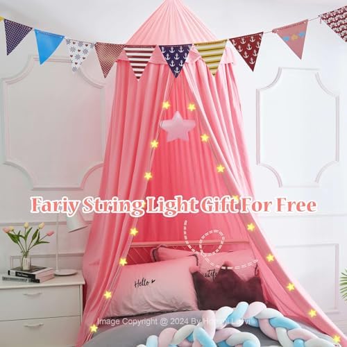 Hommi Lovvi Bed Canopy for Girls, Dreamy Frills Ceiling Hanging Princess Canopy Bedroom Decoration Soft Canopy Net Reading Nook, Extra Large Full Queen Size Bed Canopies - Pink