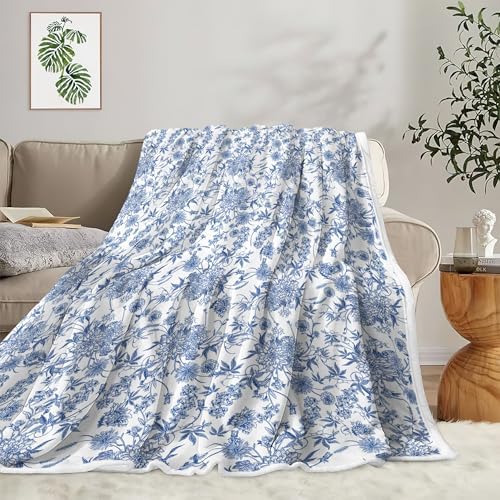 Floral Blanket Blue Floral Throw Blanket, Botanical Flowers Blankets, Soft, Flannel, Warm, Boho Flowers Bed Blankets All Season for Couch Bedroom Living Room, Blue-3 60X80 Inch