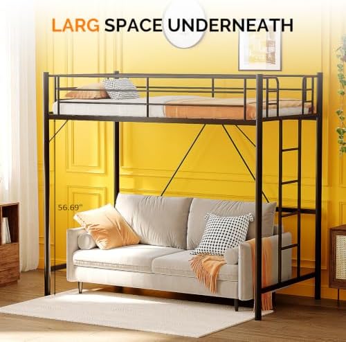 VINGLI 71 Inches Tall Loft Bed Twin Size with Flat Ladder Rung for Kids Teens Adults Heavy Duty Metal Single Bunk Bed Loft with Safety Guard Rails for Small Space, Black