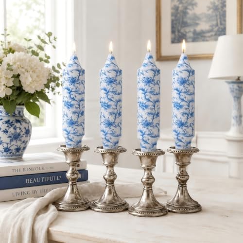 NJAO HOO Floral Taper Candles 5 Inch Short Candlesticks Hand Printed Blue and White Floral Candlesticks Unscented Tapered Candle Set for Spring Home Garden Decor, 4Pcs