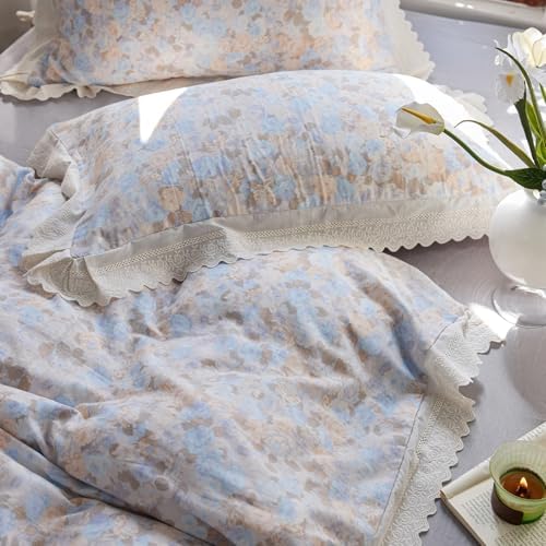 LifeTB Vintage Floral Duvet Cover Set King, 3 Pieces Romantic Ruffle Lace Bedding Set, Soft Cotton Muslin Duvet Cover with 2 Pillowcases, Botanical Flower Breathable Gauze Comforter Cover King