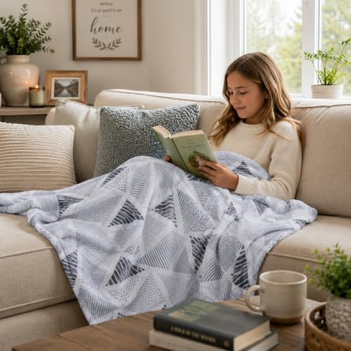 Soft Fleece Throw Blanket, Bohemian Boho Geometrical Grey White, 50x60