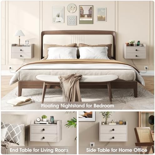 Floating Nightstand Set of 2 with 2 Storage Drawers and Charging Station