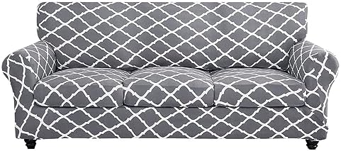 SearchI Stretch Sofa Cover Printed Couch Cover, Floral Pattern 4 Pieces Sofa Slipcover with 3 Separate Cushion Cover, Washable Furniture Protector for Living Room(Sofa, Gray+White)