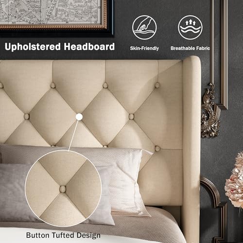 GalnFu Queen Size Bed Frame with Button Tufted Upholstered Headboard, Platform Bed Frame w/Sturdy Base Supports, Noise Free, No Box Spring Needed, Easy Assembly, Beige