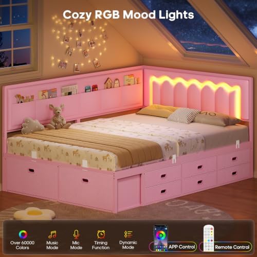 ADORNEVE Full Corner Bed Frame with 8 Storage Drawers and LED Lights, Pink