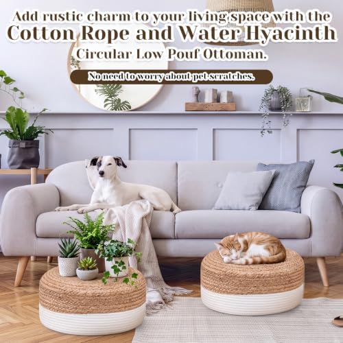 Briwooody 2 Pcs Handmade Round Cotton Knit/Water Hyacinth Low Pouf Ottoman