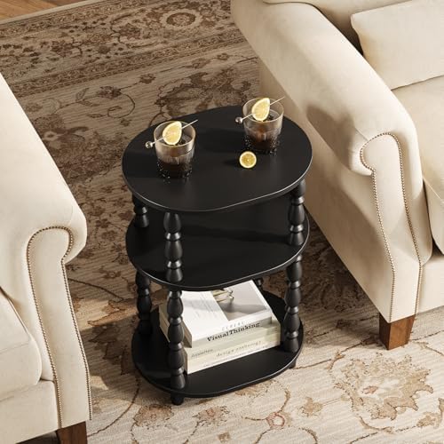 Yoobure 3-Tier Small Side Table - Oval End Table with Vintage Spindle Legs, Accent Night Stand with Storage Shelf for Narrow Spaces, Wood Nightstand Bedside Table for Living Room, Bedroom, Black