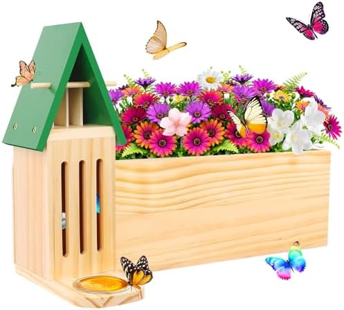Butterfly House & Feeder with Flower Pot, 3-in-1 Wooden Butterfly House