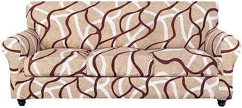 SearchI Stretch Sofa Cover Printed Couch Cover, Floral Pattern 4 Pieces Sofa Slipcover with 3 Separate Cushion Cover, Washable Furniture Protector for Living Room(Sofa, Khaki)
