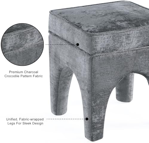 Get Set Style Upholstered Textured Woven Accent Stool, Arched Solid Wood Leg Ottoman Foot Rest, Square Decorative Bench for Living Room Entryway Bedroom (Charcoal)