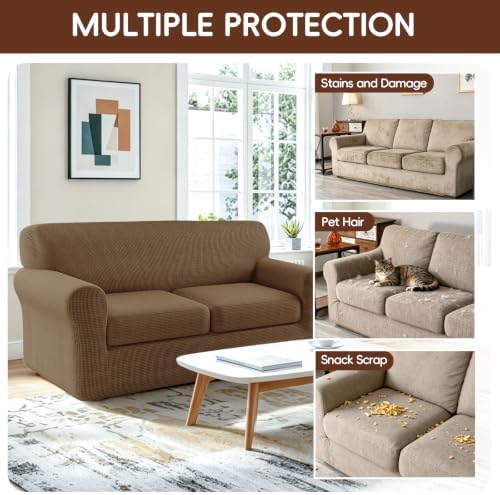3 Pieces Stretch Sofa Covers for 2 Cushion Couch Loveseat Cover Decorative Slipcovers Non Slip Washable Furniture Protector with Individual Seat Cushion for Pets,(Medium, Coffee)