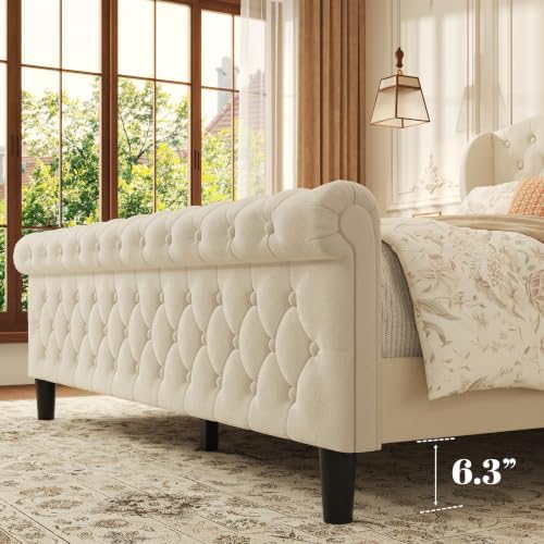 HISOFT Queen Platform Bed Frame, Velvet Upholstered Sleigh Bed with Wingback Tufted Headboard and Footboard, Noise-Free Design, Easy Assembly, No Box Spring Needed, Light Beige
