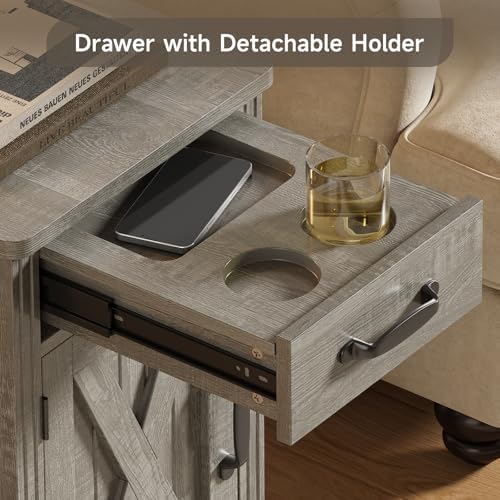ONBRILL Farmhouse End Table with Charging Station,Grey