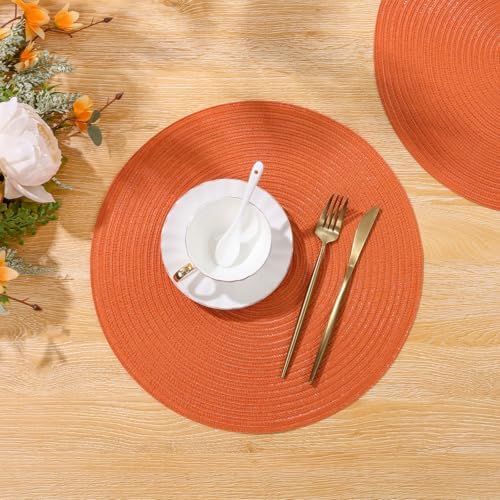 SHACOS Round Placemats Set of 4 for Dining Table Autumn Fall Round Braided Place Mats Washable Non Slip Kitchen Table Mats Decor, Bright Orange