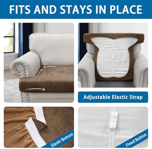 T Cushion Chair Cover Leather-Look 1PC Stretch Chair Seat Slipcover for Living Room Individual Armchair Couch Cover Seat Covers with Elastic Bands, Pet-Friendly, Non-Slip - Light Brown