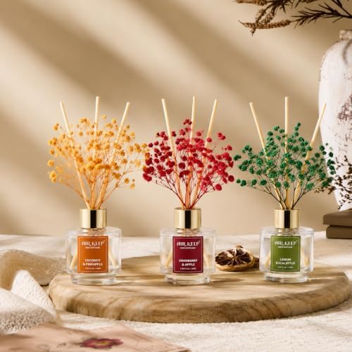 Airkeep Reed Diffuser Set of 3, Coconut Pineapple Lemon Eucalyptus Cranberry Apple Oil Reed Diffusers for Bedroom Living Room Office Aromatherapy Oil Reed Diffuser for Gift 50ml x 3