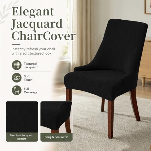 MIFXIN Wingback Side Chair Covers Dining Chair Slipcover Jacquard Stretch Sloping Armchair Protector Arm Chair Seat Cover for Dining Room Living Room Banquet Home Decor (Black, 4 Pcs)