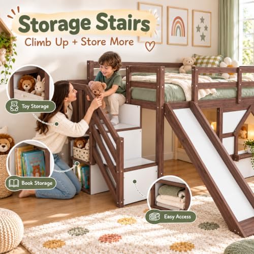 Twin Loft Bed with Slide for Kids, LED & Storage, Walnut White