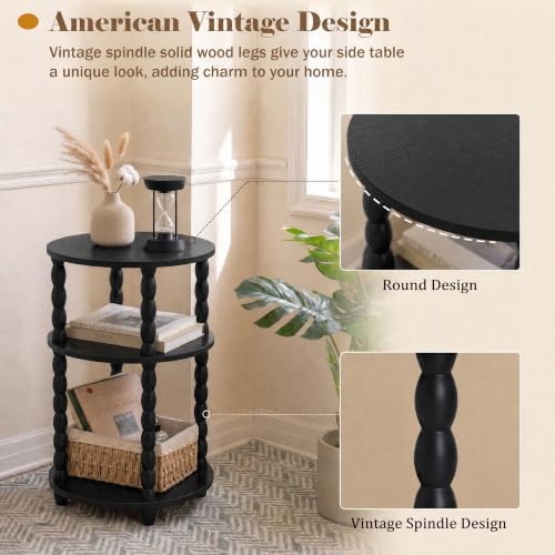 3-Tier Round Side Table, Small End Table with Solid Wood Spindle Legs Black