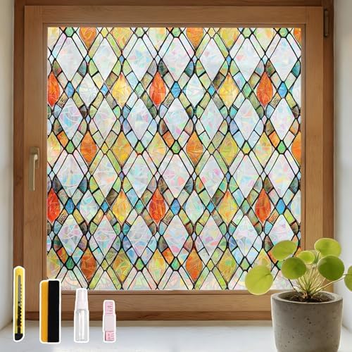 LEMON CLOUD Window Privacy Film, Stained Glass Window Cling,17.5″ x 157.4″